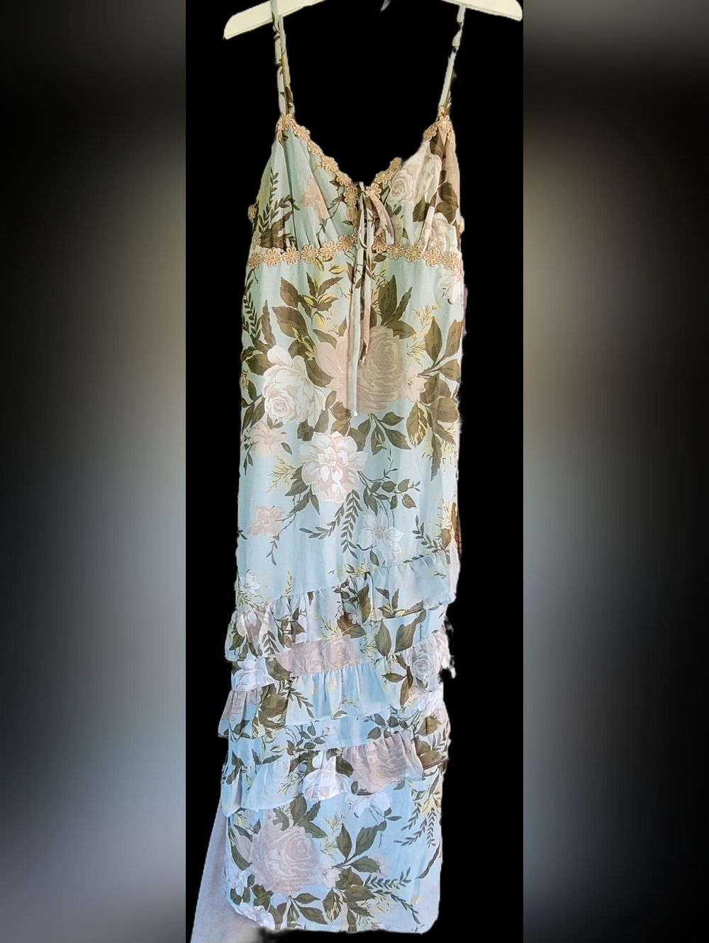 Wild Fable Floral Ruffle Tiered Maxi Dress - Light Green, Cream, And Tan Size M